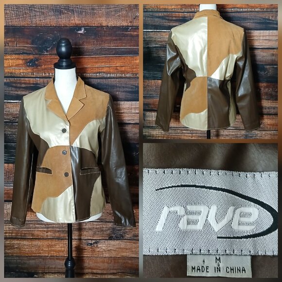 RAVE Vintage Jacket M Patchwork Vegan Faux Leather Lined Button Front - Picture 1 of 13